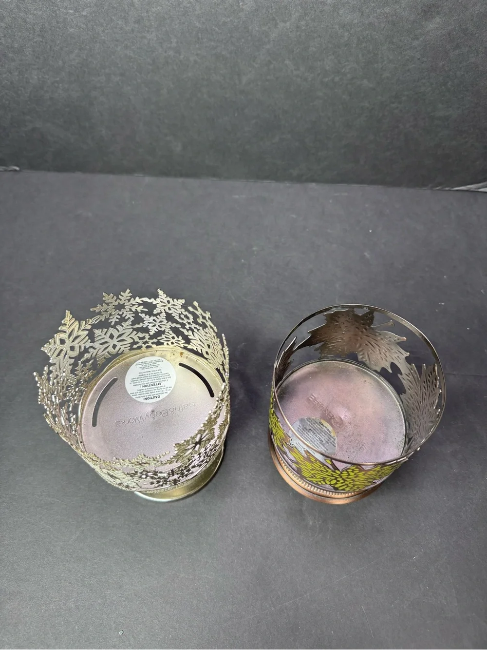 Bath & Body Works 3-Wick Candle Holders Set of 2 Silver Snowflake Bronze Leaf